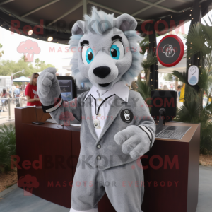 Gray Mare mascot costume character dressed with a Suit Jacket and Bracelets