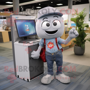 Gray Computer mascot costume character dressed with a Jeans and Wallets