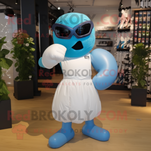 Blue Boxing Glove mascot costume character dressed with a Wedding Dress and Sunglasses