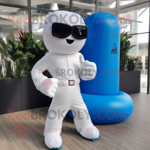 Blue Boxing Glove mascot costume character dressed with a Wedding Dress and Sunglasses
