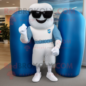 Blue Boxing Glove mascot costume character dressed with a Wedding Dress and Sunglasses