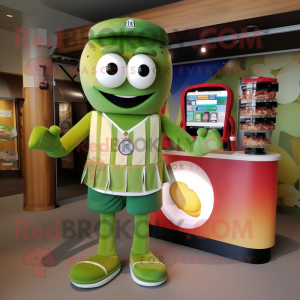 Olive Gumball Machine mascot costume character dressed with a Board Shorts and Belts