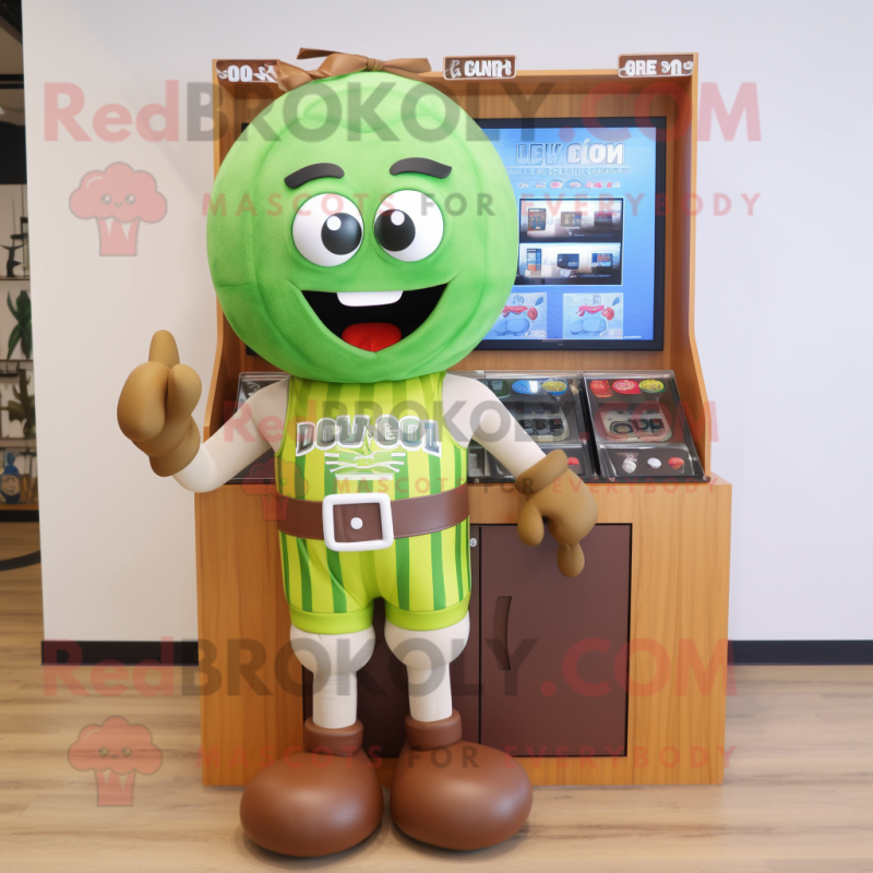 Olive Gumball Machine mascot costume character dressed with a Board Shorts and Belts Olive Gumball Machine mascot costume character dressed with a Board Shorts and Belts