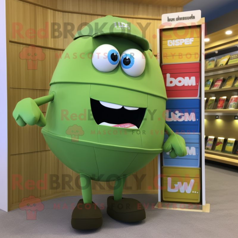 Olive Gumball Machine mascot costume character dressed with a Board Shorts and Belts