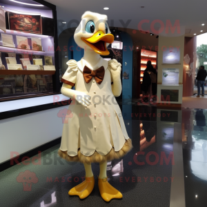 Cream Gosling mascot costume character dressed with a Sheath Dress and Shoe clips