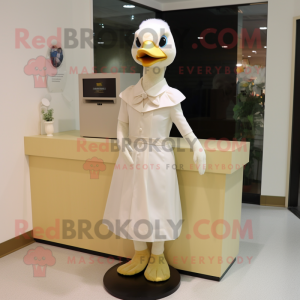 Cream Gosling mascot costume character dressed with a Sheath Dress and Shoe clips