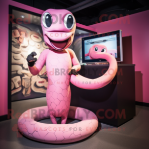 Pink Snake mascot costume character dressed with a Tank Top and Ties