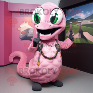 Pink Snake mascot costume character dressed with a Tank Top and Ties