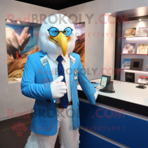 Sky Blue Bald Eagle mascot costume character dressed with a Blazer and Watches