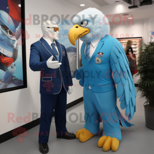 Sky Blue Bald Eagle mascot costume character dressed with a Blazer and Watches