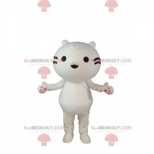 Kleine witte kat mascotte met zwarte snorharen - Redbrokoly.com