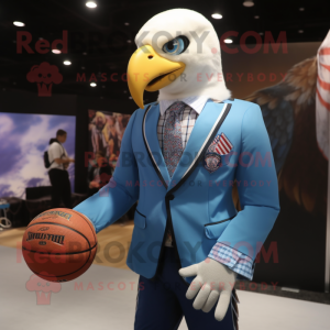 Sky Blue Bald Eagle mascot costume character dressed with a Blazer and Watches