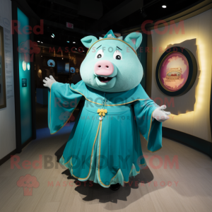 Teal Pig mascot costume character dressed with a Circle Skirt and Shawl pins