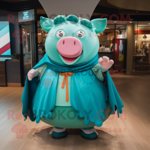 Teal Pig mascot costume character dressed with a Circle Skirt and Shawl pins