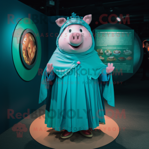 Teal Pig mascot costume character dressed with a Circle Skirt and Shawl pins