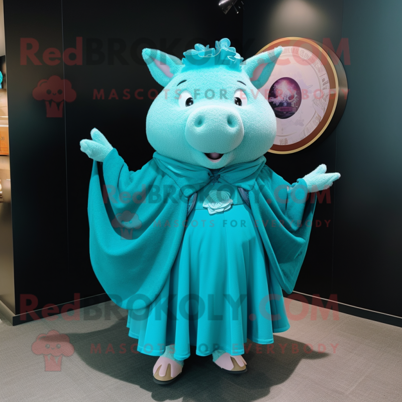 Teal Pig mascot costume character dressed with a Circle Skirt and Shawl pins