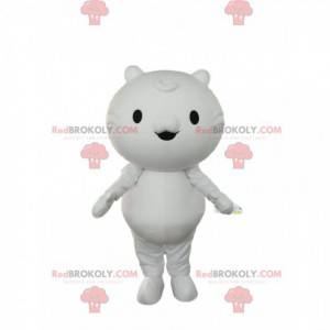 Little white cat mascot with small eyes and small ears -