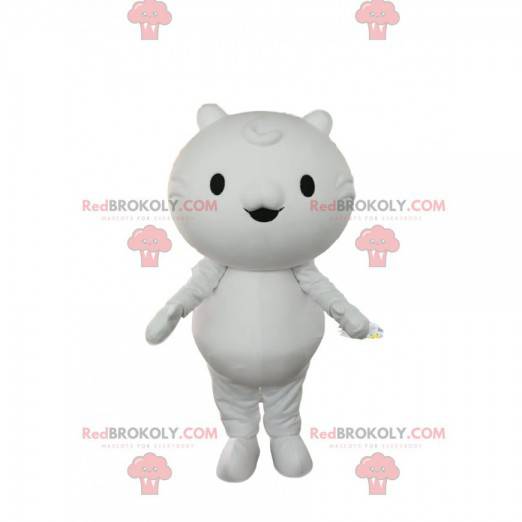 Little white cat mascot with small eyes and small ears -