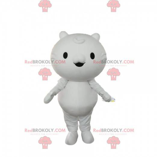 Mascote gatinho branco com olhos e orelhas pequenas -