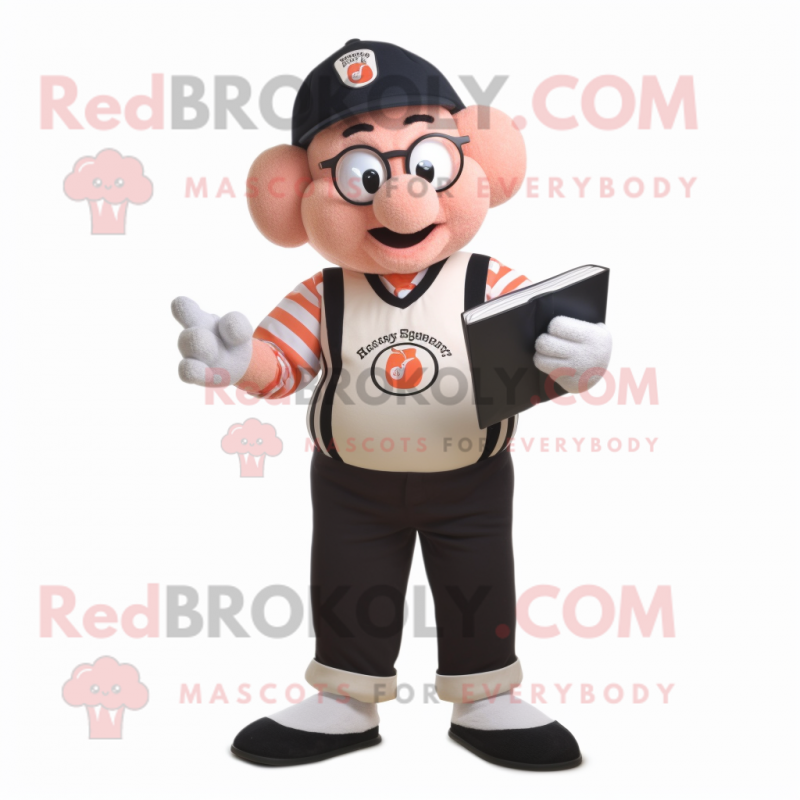 Peach Mime mascot costume character dressed with a Henley Shirt and Reading glasses