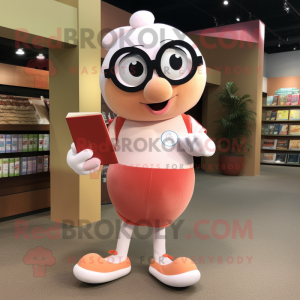 Peach Mime mascot costume character dressed with a Henley Shirt and Reading glasses