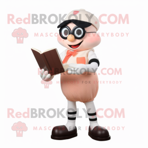 Peach Mime mascot costume character dressed with a Henley Shirt and Reading glasses