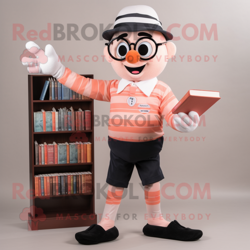 Peach Mime mascot costume character dressed with a Henley Shirt and Reading glasses