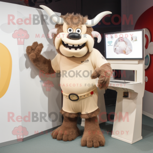 Cream Minotaur mascot costume character dressed with a Polo Shirt and Hair clips