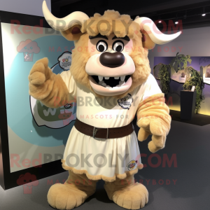 Cream Minotaur mascot costume character dressed with a Polo Shirt and Hair clips