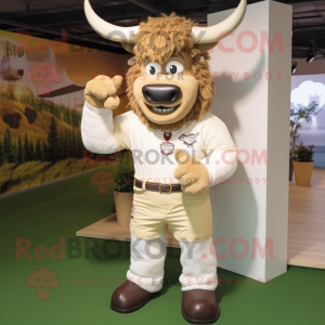 Cream Minotaur mascot costume character dressed with a Polo Shirt and Hair clips