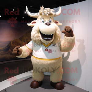 Cream Minotaur mascot costume character dressed with a Polo Shirt and Hair clips