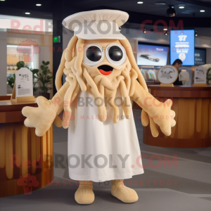 Beige Fried Calamari mascot costume character dressed with a Culottes and Caps