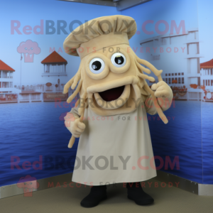 Beige Fried Calamari mascot costume character dressed with a Culottes and Caps