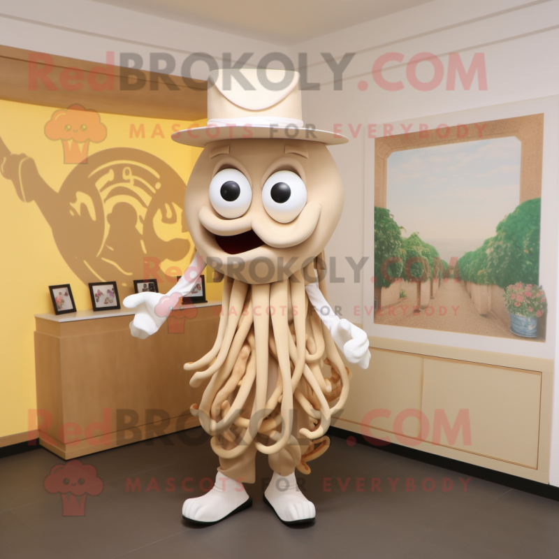 Beige Fried Calamari mascot costume character dressed with a Culottes and Caps Beige Fried Calamari mascot costume character dressed with a Culottes and Caps