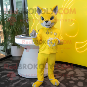 Lemon Yellow Lynx mascot costume character dressed with a Circle Skirt and Cufflinks