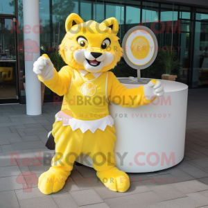 Lemon Yellow Lynx mascot costume character dressed with a Circle Skirt and Cufflinks