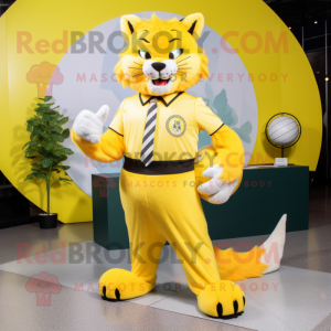 Lemon Yellow Lynx mascot costume character dressed with a Circle Skirt and Cufflinks