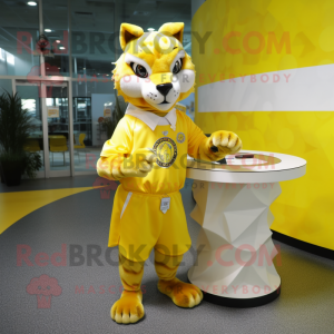 Lemon Yellow Lynx mascot costume character dressed with a Circle Skirt and Cufflinks