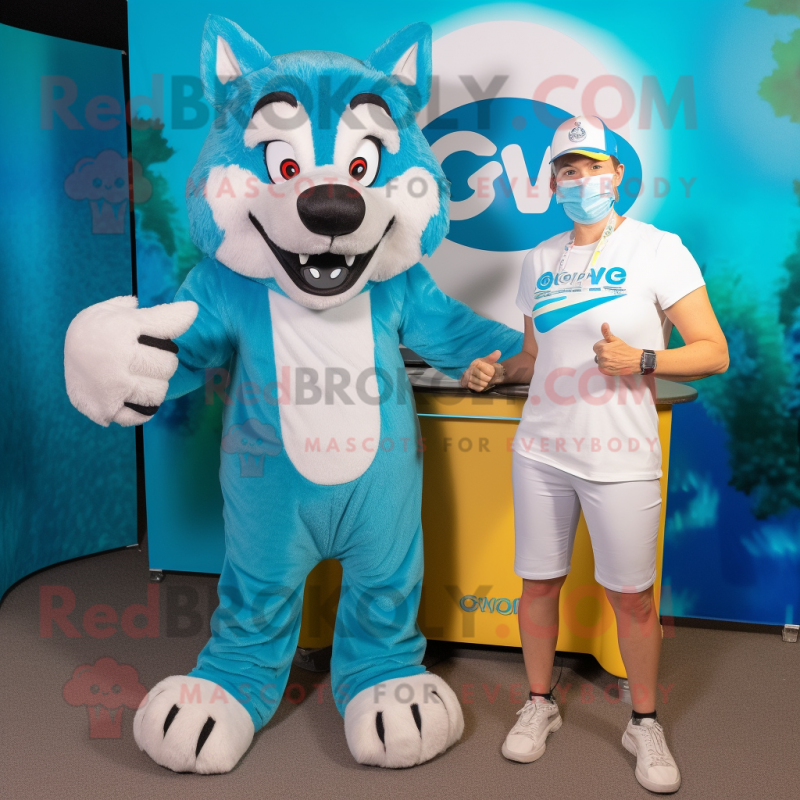 Cyan Say Wolf mascot costume character dressed with a Capri Pants and Watches Cyan Say Wolf mascot costume character dressed with a Capri Pants and Watches