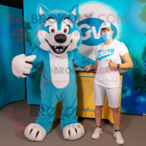 Cyan Say Wolf mascot costume character dressed with a Capri Pants and Watches