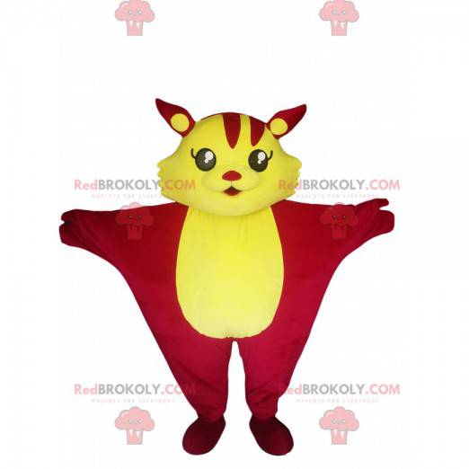 Fuchsia and yellow flying cat mascot. Cat costume -