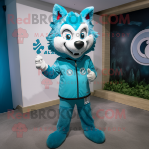 Cyan Say Wolf mascot costume character dressed with a Capri Pants and Watches