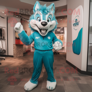 Cyan Say Wolf mascot costume character dressed with a Capri Pants and Watches