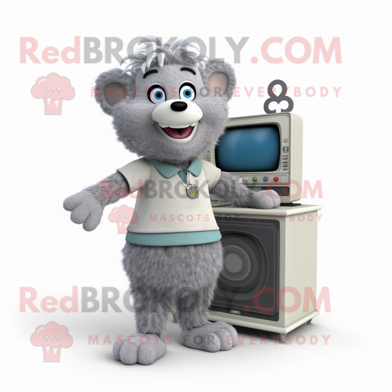 Gray Television mascot costume character dressed with a Culottes and Bracelets Gray Television mascot costume character dressed with a Culottes and Bracelets