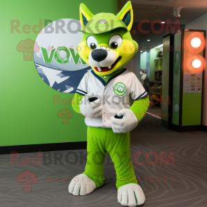 Lime Green Say Wolf mascot costume character dressed with a Baseball Tee and Smartwatches
