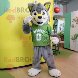 Lime Green Say Wolf mascot costume character dressed with a Baseball Tee and Smartwatches