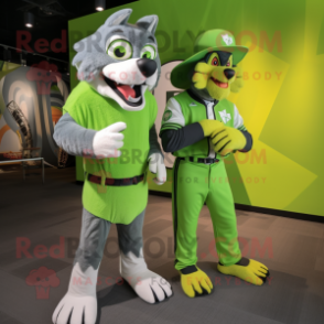 Lime Green Say Wolf mascot costume character dressed with a Baseball Tee and Smartwatches