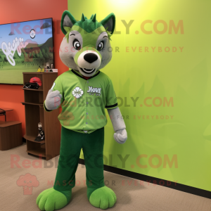 Lime Green Say Wolf mascot costume character dressed with a Baseball Tee and Smartwatches