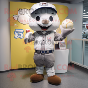 Gray Miso Soup mascot costume character dressed with a Baseball Tee and Brooches