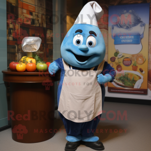 Blue Shakshuka mascot costume character dressed with a Waistcoat and Watches